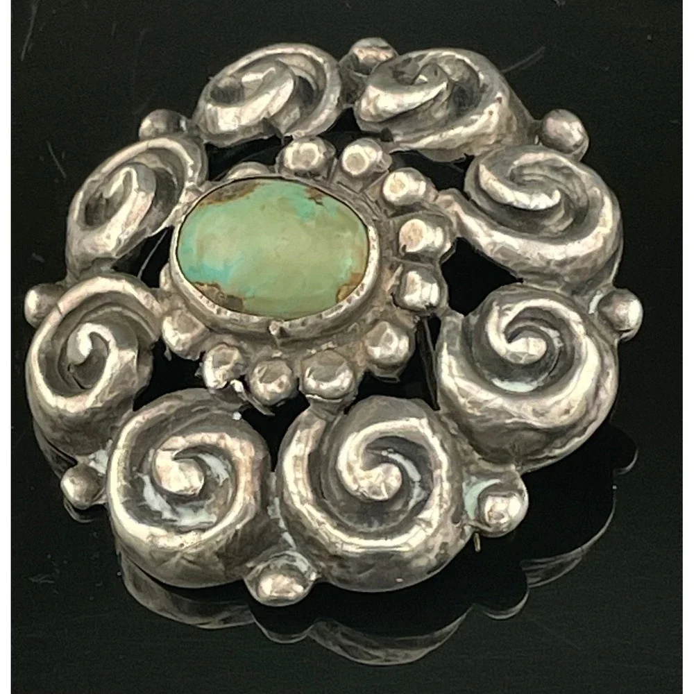 Antique Sterling‎ Silver Turquoise Spiral Brooch Early 1900s Southwest Style
